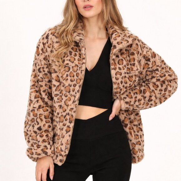 BLUEVELVET Jackets & Blazers - Leopard Faux Fur Jacket Women Plush Zip Front Winter Coat